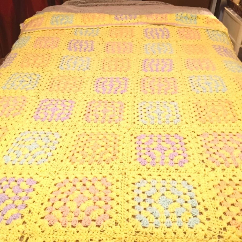 Vintage Crochet Yellow Granny Square Quilt Pink Purple Blue 75x80